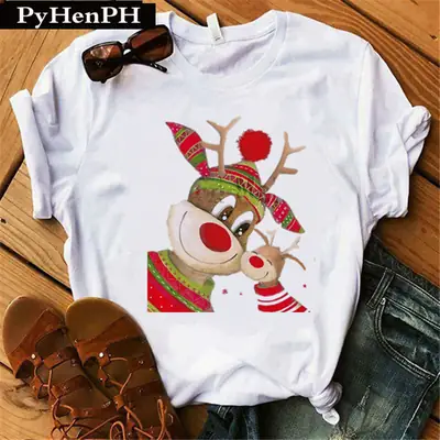 Merry Christmas Elk T-Shirt Women Short Sleeve