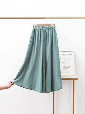 Women Cotton Linen Wide Leg Pants Green Large
