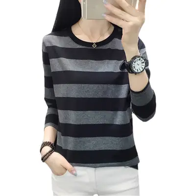 Women Striped Long Sleeve T-Shirt Plus Size Brown Beige