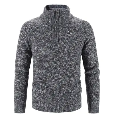 Men's Grey Fleece Lined Half-Zipper Turtleneck Sweater