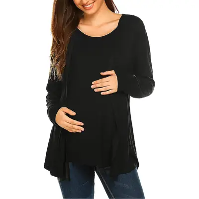 Pregnant Woman Maroon Long Sleeve Collar T-Shirt