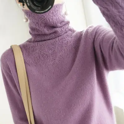 Women Hollow Out Sweater Purple High Neck Casual