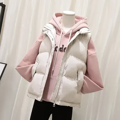 Women Pink Hooded Puffer Vest Coat Autumn Winter