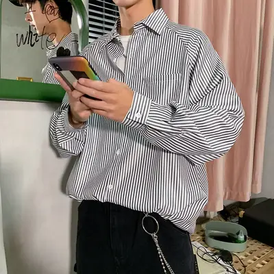 Men Blue Striped Long Sleeve Shirt Loose Fit South Korea