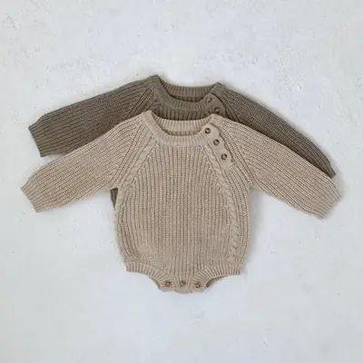 Beige Knitted Baby Outfit with Hat and Trousers