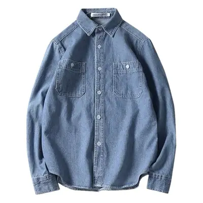 Men Denim Lapel Shirt Spring Autumn Harajuku Style Blue
