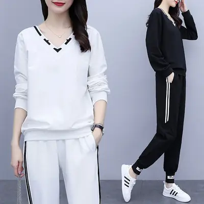 Women's Black Two-Piece Autumn Suit with White Stripes
