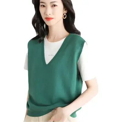 2025 Women Green V-Neck Knitted Vest Vest Sweater