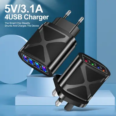 4 USB Mobile Charger 3A European UK British