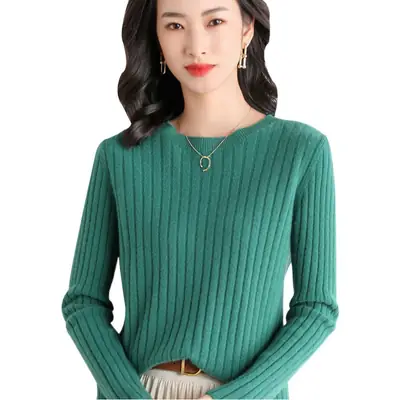 Women's Pink Knit Round Neck Sweater Pit Slim Fit