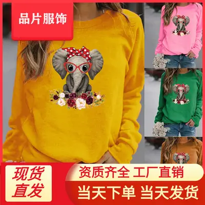 Women Green Elephant Flower Sweatshirt Long Sleeve