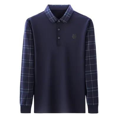 Men Navy Blue Plaid Sleeve Polo Shirt