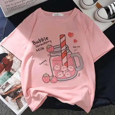 Women Pink T-Shirt Strawberry Juice Print 2021