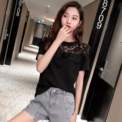 Women Lace Mesh T-Shirt White 2025 Summer