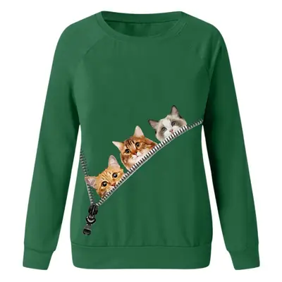 Men Women Green Cat Print Sweatshirt Long Sleeve