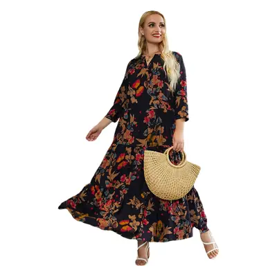 European Women's Printed V-Neck Maxi Dress XL-5XL
