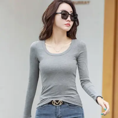 Women's Grey Long Sleeve U-Neck T-Shirt