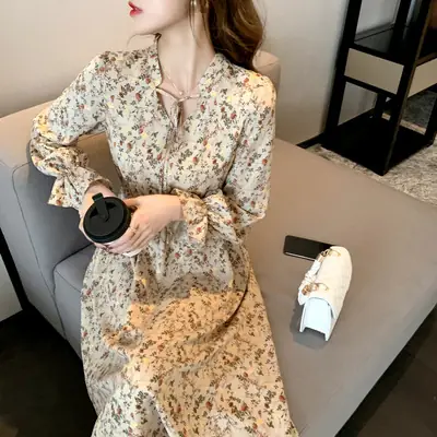 French Floral Dress Women 2025 Long Skirt Waist Slimming