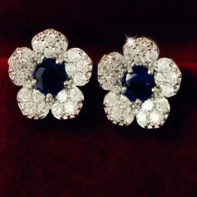 New South Korea Earrings Silver White Bottom Flower Sapphire Full Diamond Women's Earrings Distinctive Small Earrings