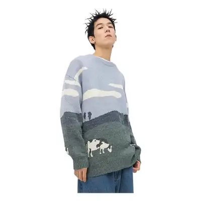 Men's Striped Cotton Sweater Blue Grey Loose Spring Autumn 2021
