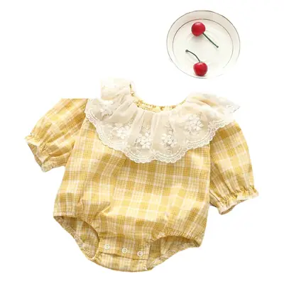Newborn Baby Romper Plaid Lace Triangle Set