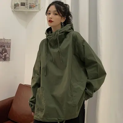 Women Korean Style Olive Green Hooded Sweatshirt Loose Fit