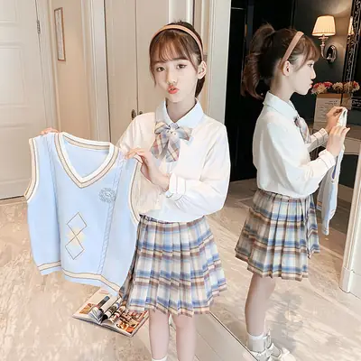 Girls' School Suit Set Blue Plaid Bow Shirt 2025 Spring