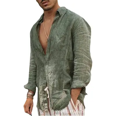 Men's White Loose Lapel Shirt with Long Sleeve Beach Wear