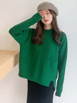 Women's Blue Wool Pullover Sweater with Split Pocket