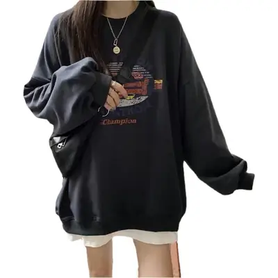 Women Round Neck Sweatshirt 2025 Korean Style Loose Top