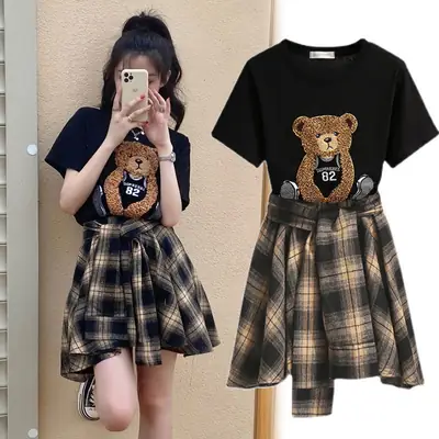 Women Plaid Ruffled Skirt T-Shirt Set Summer