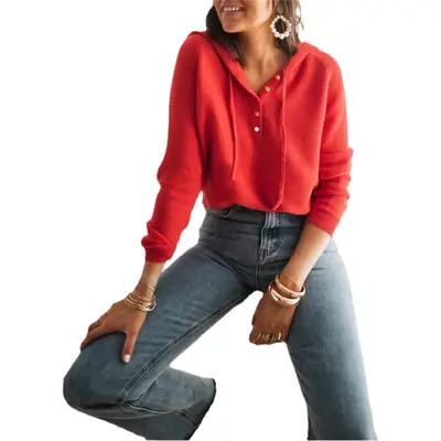 2022 Red Knit Hooded Sweatshirt Women