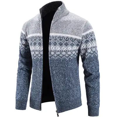 Men's Grey Printed Knitted Fleece Jacket with Zipper