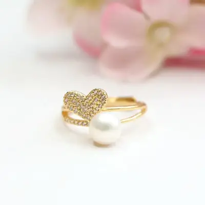 Gold Pearl Ring with Heart Design for Women