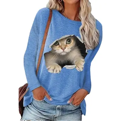 Black Cat Print Long Sleeve T-Shirt for Women