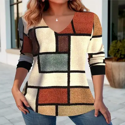 2024 Women Digital Print V-Neck Pullover Short Sleeve Loose Fit