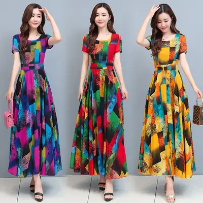2025 Printed A-Line Long Dress Women High Waist Round Neck