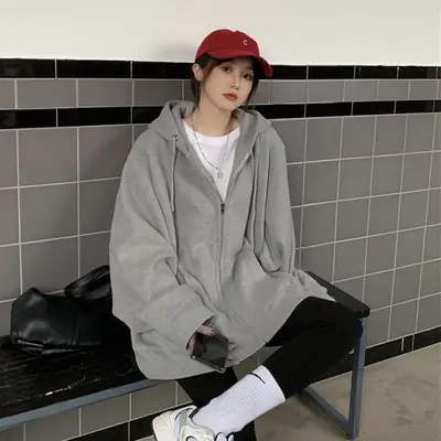 New Spring Oversize Grey Hooded Sweatshirt Women