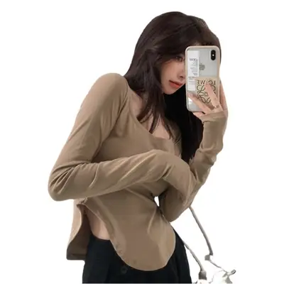Women U-Neck Long Sleeve Slimming T-Shirt Grey