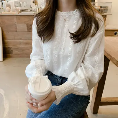 White Lace Long Sleeve Women's Shirt Spring Autumn