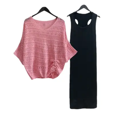 Women's Pink & Black Hollow Knit Two-Piece Top Set