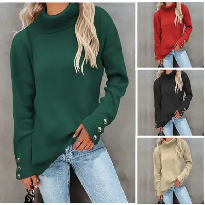 Red Knit Turtleneck Sweater with Button Cuffs