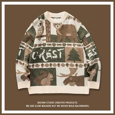 Men's Japanese Style Retro Sweater with Animal Print