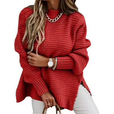 2025 Winter Knit Sweater Red Half-High Collar Cuffed