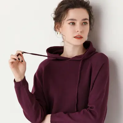 Women's Red Hooded Sweatshirt Knitted Cotton Loose Lazy Style