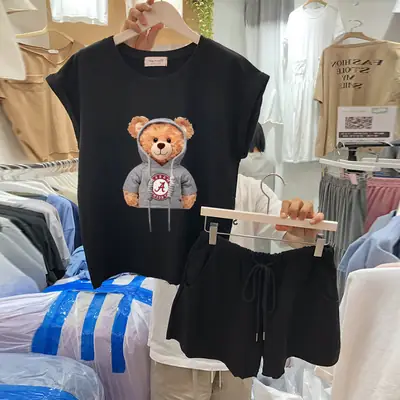 Women 2Pc Teddy Bear Print Cotton Shorts Set