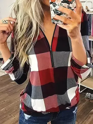 Women Plaid Zipper V-Neck Long Sleeve Top
