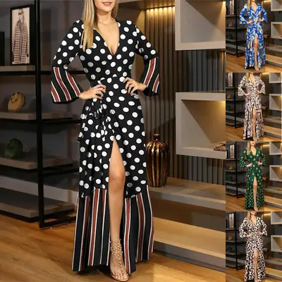 2024 Printed V-Neck Long Sleeve Dress Women