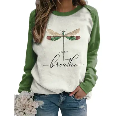 Women's Green & White Dragonfly Printed Sweatshirt