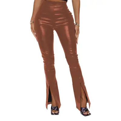 Sexy PU Leather High Waist Split Pants Brown